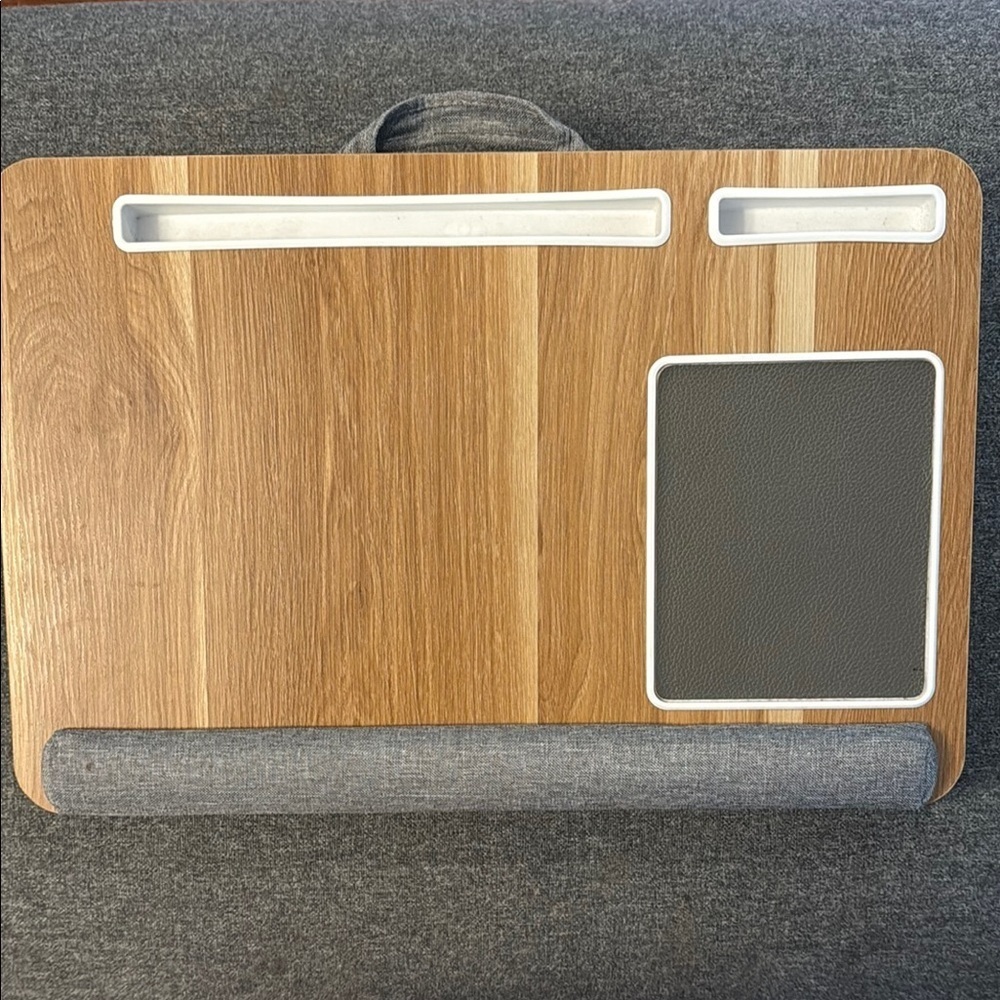 Lap Desk with Gray Cushion Wood Grain Finish Tablet and Phone Slots & Mouse Pad